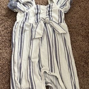 White and Blue Striped Jumpsuit with Wide-Leg Design
